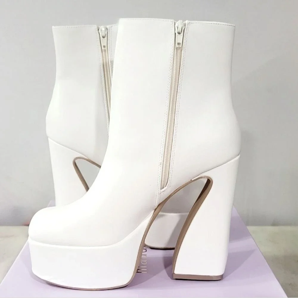 Madden Girl Women's Kourtt Mid-Calf Faux Leather Platform Boots White Pari NIB